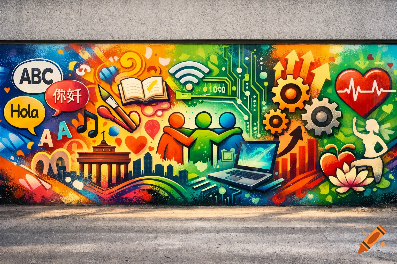 Colorful graffiti mural on a wall featuring symbols for language, culture, community, technology, career, and health.