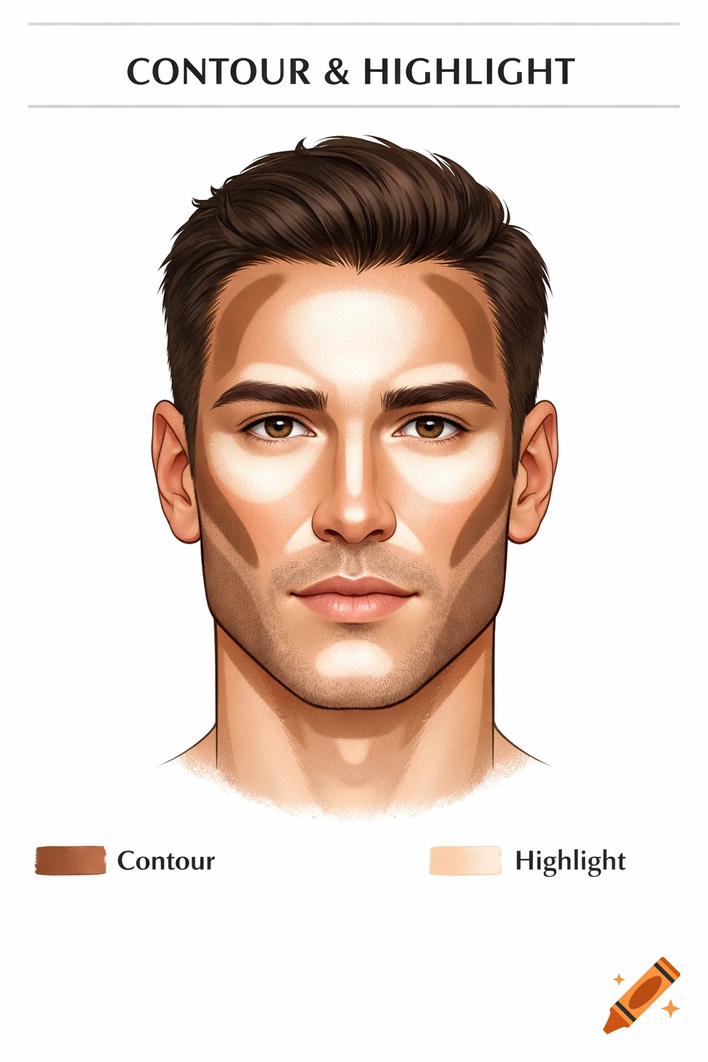 Illustration of a male face showing contour and highlight makeup application with labels and color swatches.