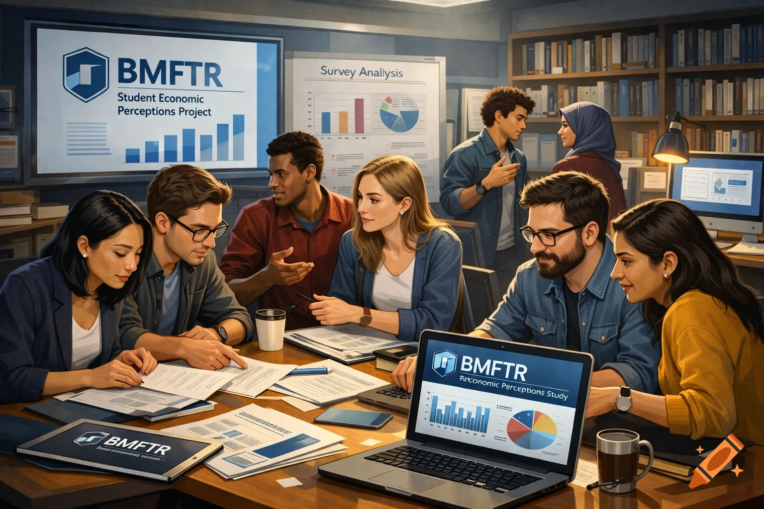 A diverse group of students or researchers collaborating around a table in an office, looking at documents, a laptop, and a large screen displaying charts.