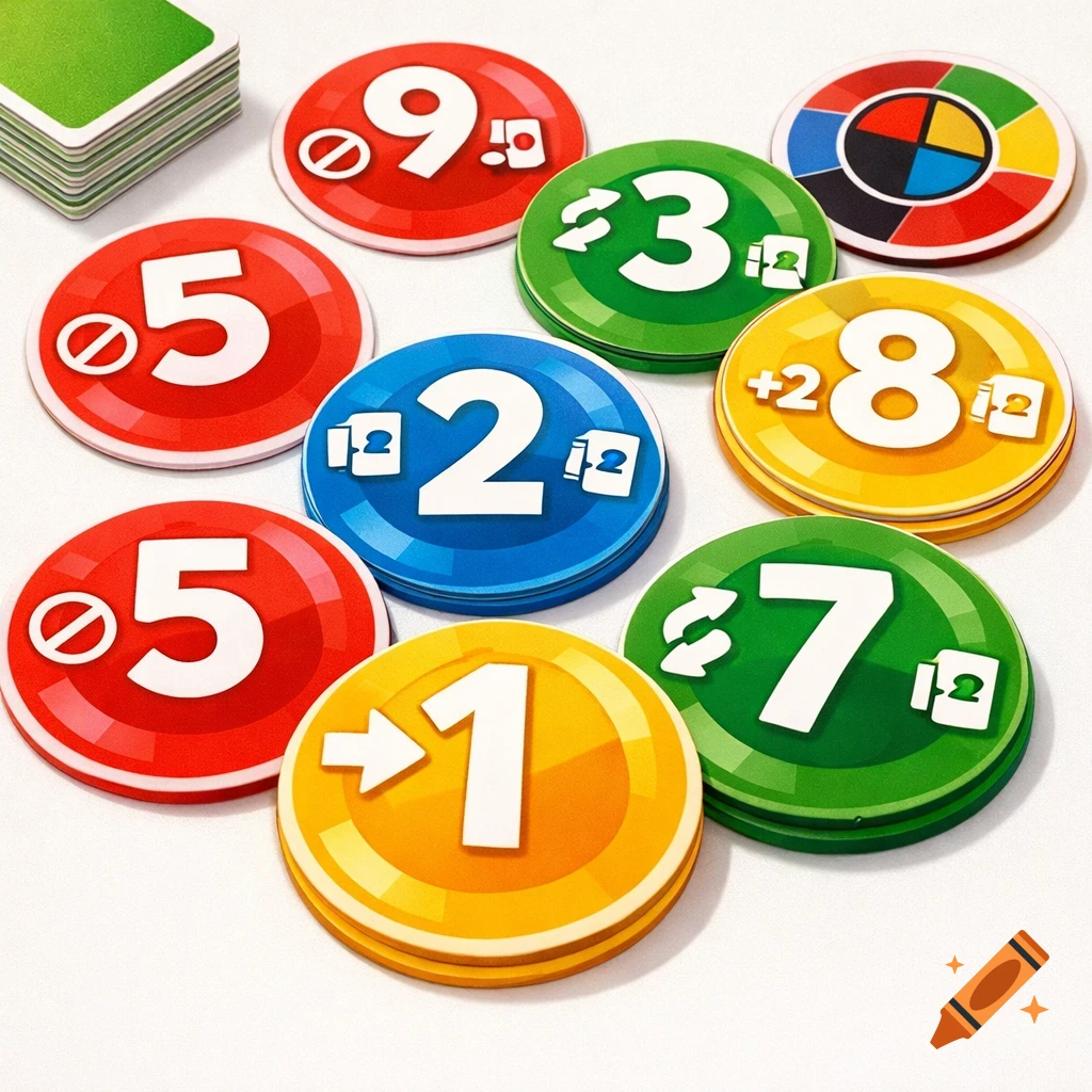Close-up of colorful round game tokens, similar to UNO cards, with numbers and action symbols on a white surface, next to a stack of green cards.