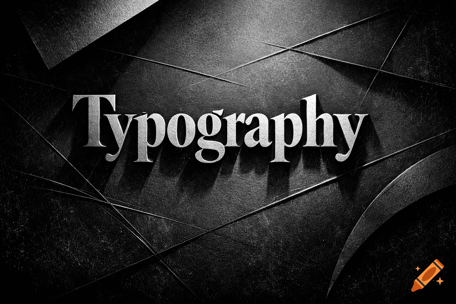 Metallic silver 'Typography' text casting shadows on a dark, textured background with subtle abstract lines, in black and white.