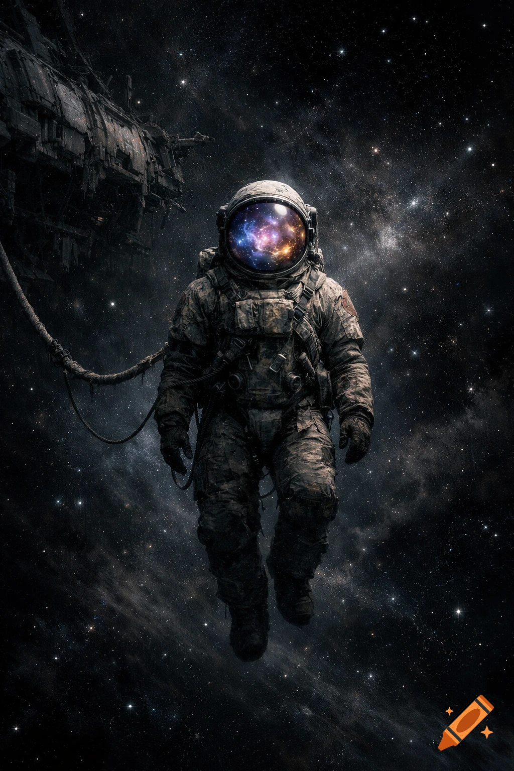An astronaut in a combat-style space suit floats in deep space. A nebula reflects in their helmet visor, and a derelict spaceship is in the background.