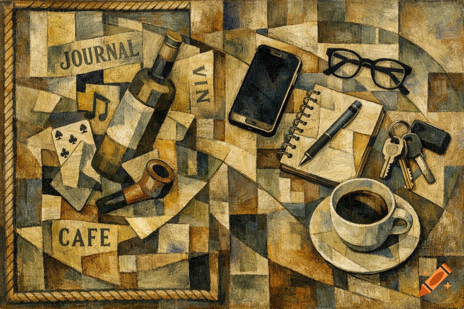 A cubist oil painting depicts a still life with a wine bottle, pipe, playing cards, newspaper, smartphone, notebook, pen, glasses, keys, and coffee cup on a textured tabletop.