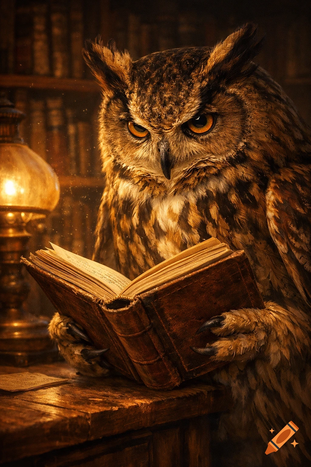 A majestic eagle owl with glowing orange eyes holds an old leather-bound book, appearing to read in a dimly lit, cozy library setting with a warm lamp.