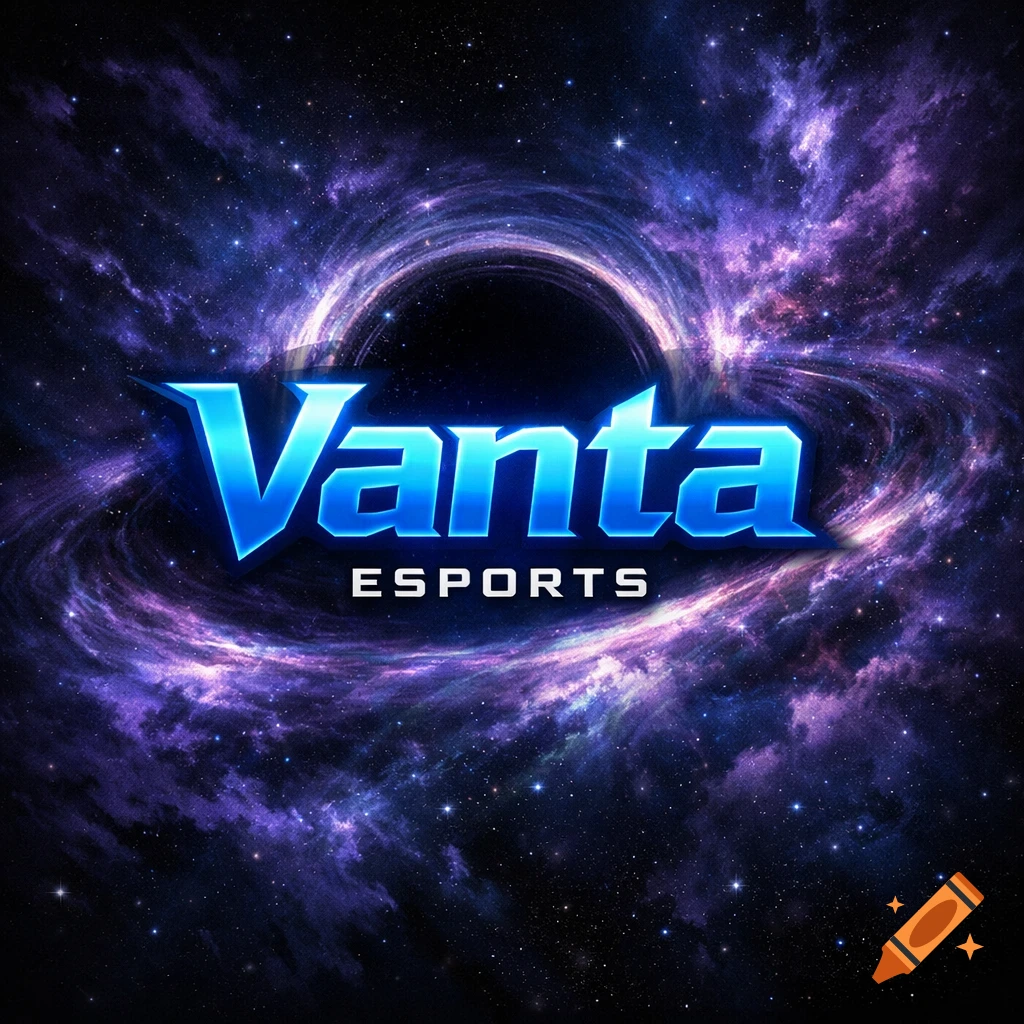 A blue 'Vanta ESPORTS' logo centered against a swirling cosmic black hole and purple nebula background.
