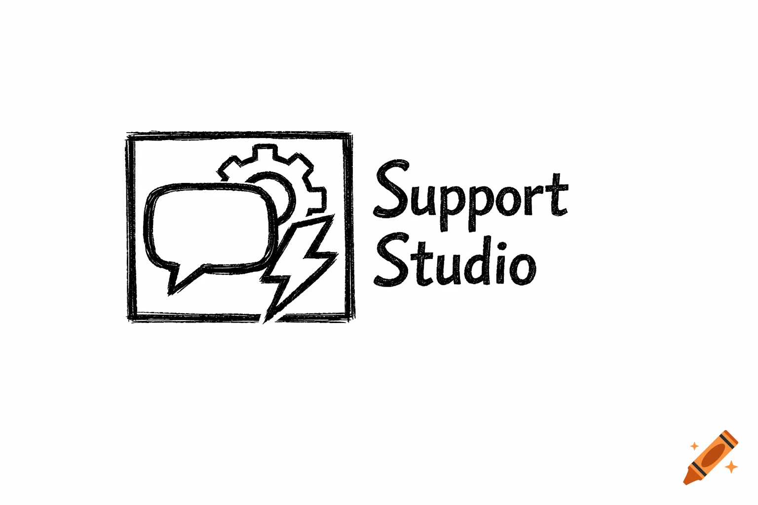 A black and white rough sketch logo featuring a chat bubble, a gear, and a lightning bolt inside a square frame, with the text "Support Studio" to its right.