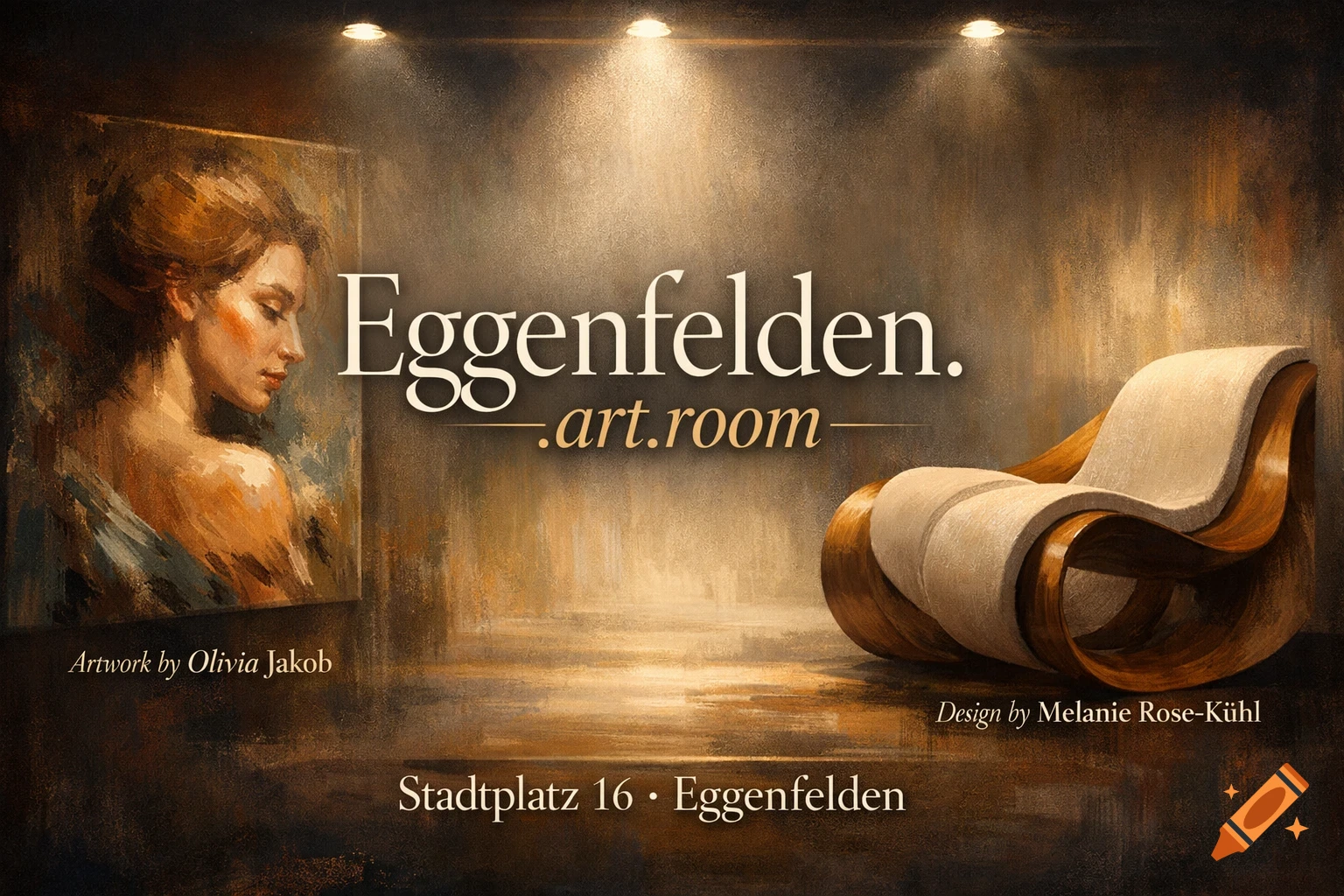 Advertisement for Eggenfelden.art.room, featuring an oil painting of a woman and a modern wooden rocking chair under spotlights.