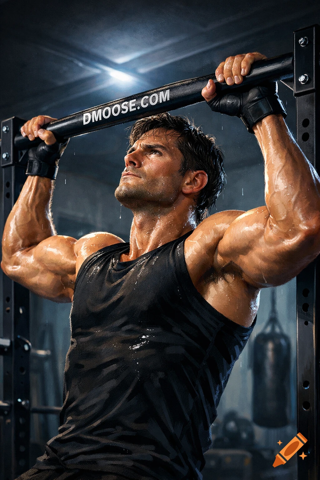 A photorealistic, close-up image of a very muscular, sweaty man intensely doing pull-ups on a bar in a gym.