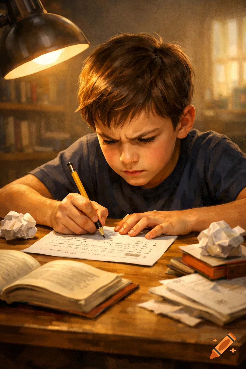 A young boy intensely studies at a desk, writing on a paper under a warm desk lamp, with books and crumpled paper.
