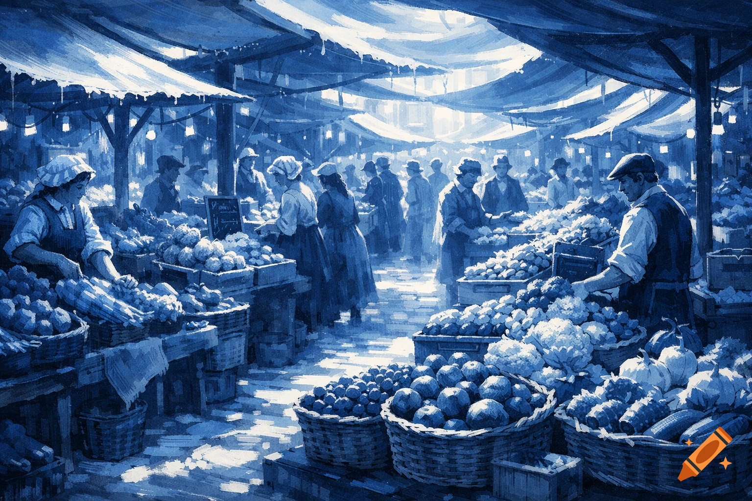 A vibrant farmers market scene depicted in a dark blue and white watercolor style, with vendors and customers amidst baskets of produce.