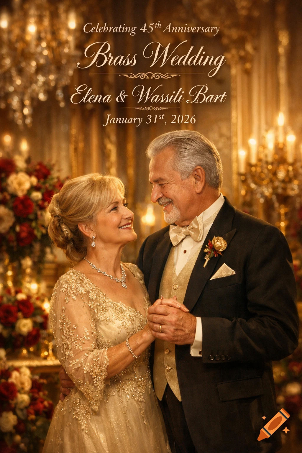 A smiling elderly couple in formal wear dances, celebrating their 45th Brass Wedding Anniversary in a gilded ballroom, with elegant text overlay.