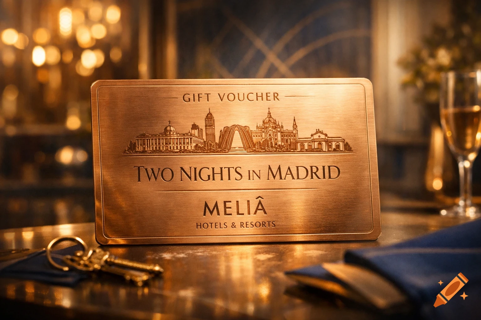 A close-up of a luxurious copper gift voucher for 'TWO NIGHTS IN MADRID' at 'MELIÃ HOTELS & RESORTS'.