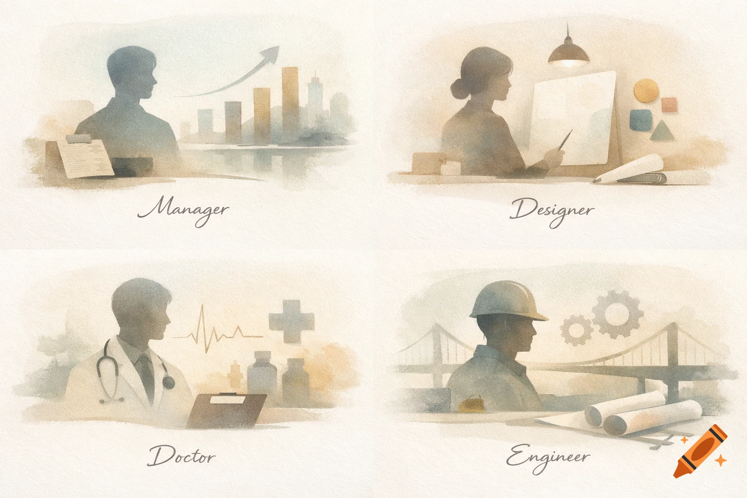 Four watercolor illustrations showing silhouettes of a manager, designer, doctor, and engineer with relevant backgrounds.