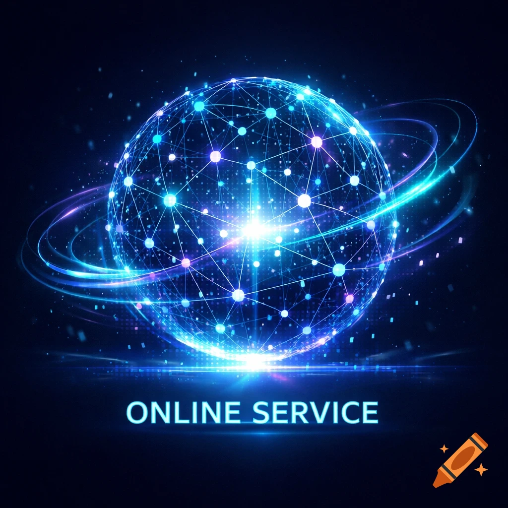 A glowing blue network globe with interconnected nodes and swirling light trails on a dark background, with "ONLINE SERVICE" text below it.