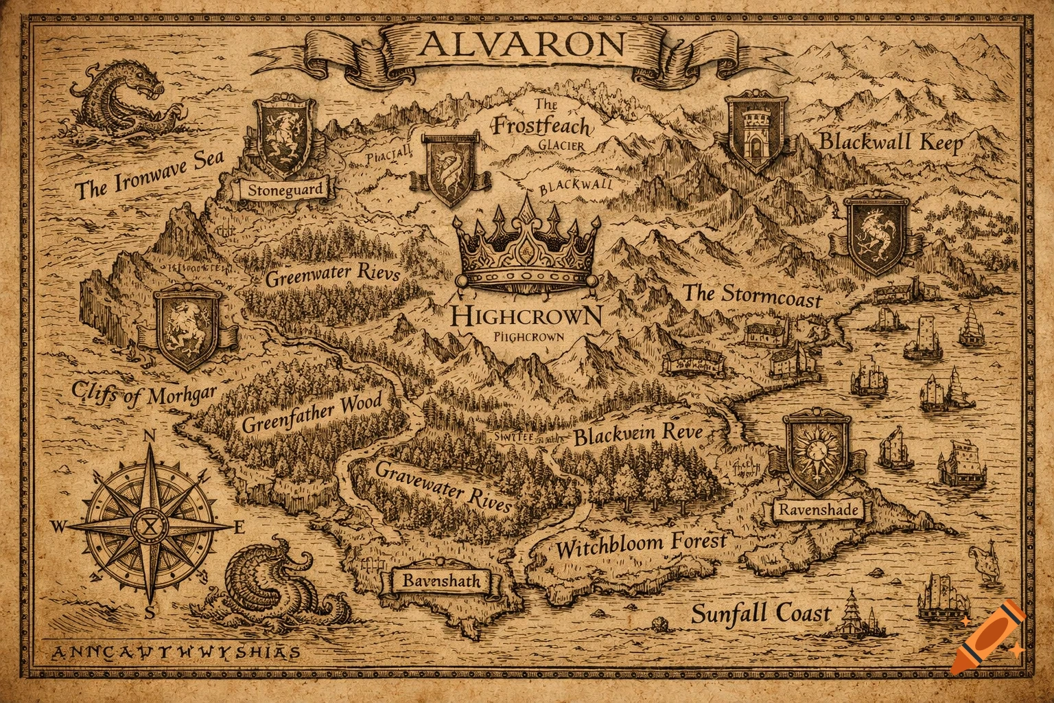 A hand-drawn medieval fantasy map of Alvaron, featuring mountains, forests, rivers, seas, and settlements with a large crown at its center.