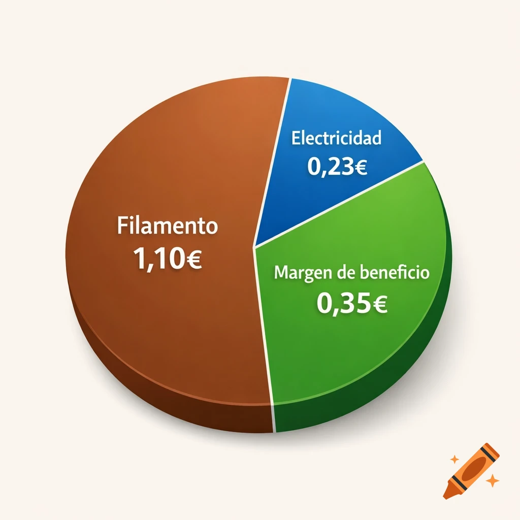 3D pie chart showing cost breakdown: Filamento 1,10€, Electricidad 0,23€, Margen de beneficio 0,35€.