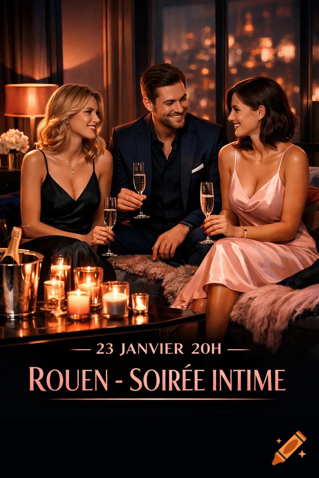 A man and two women in elegant attire are smiling and holding champagne glasses in a dimly lit, cozy apartment, with city lights visible in the background. Text reads "ROUEN - SOIRÉE INTIME".