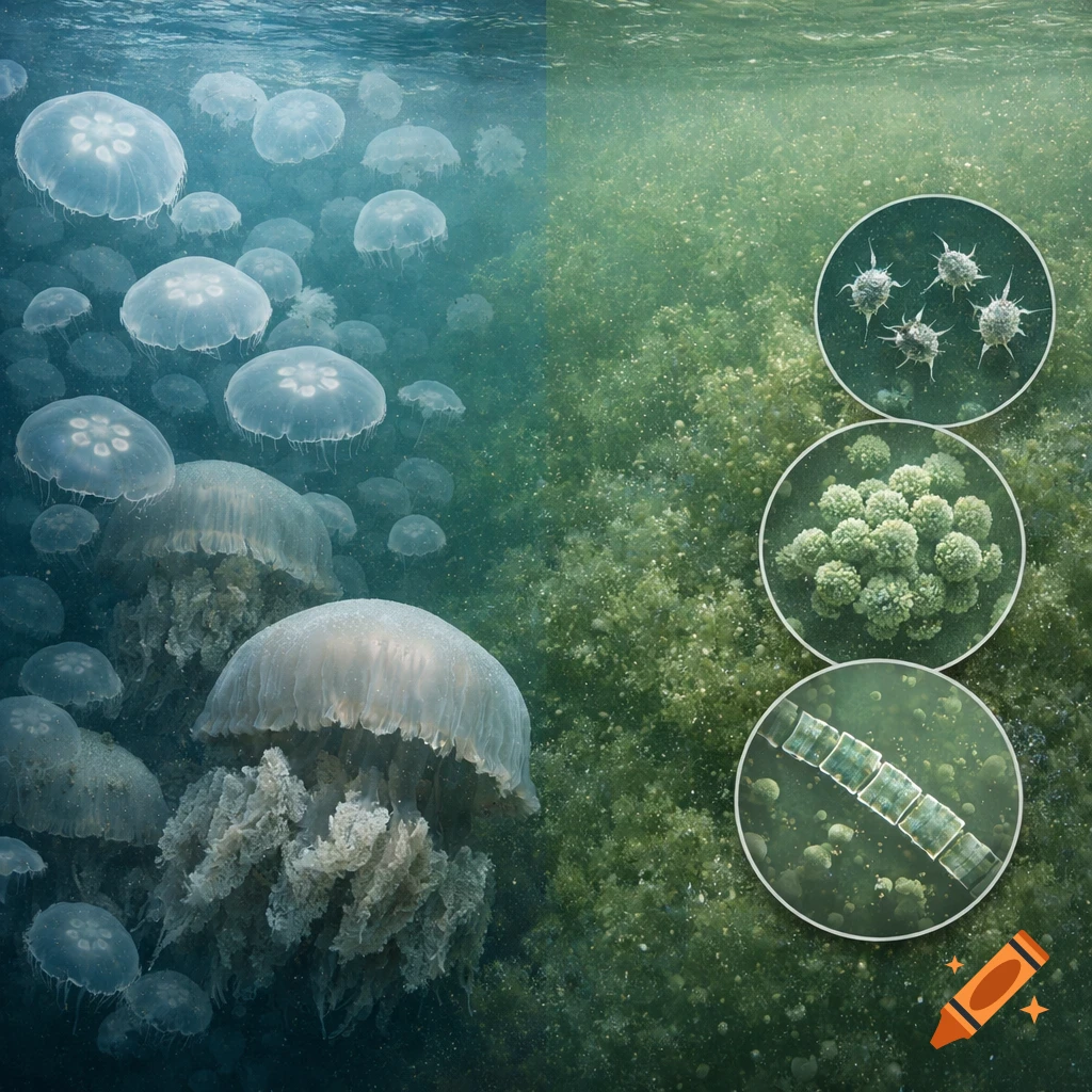 Underwater view with many translucent jellyfish on the left and dense green marine growth on the right, featuring magnified insets of microscopic organisms.