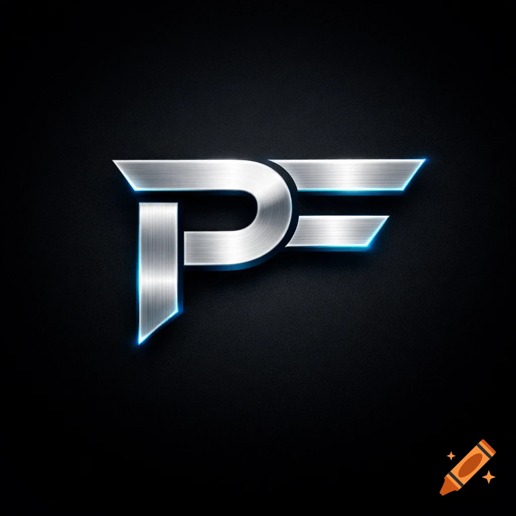 A modern metallic logo featuring intertwined letters P and F with a blue glow on a dark background.