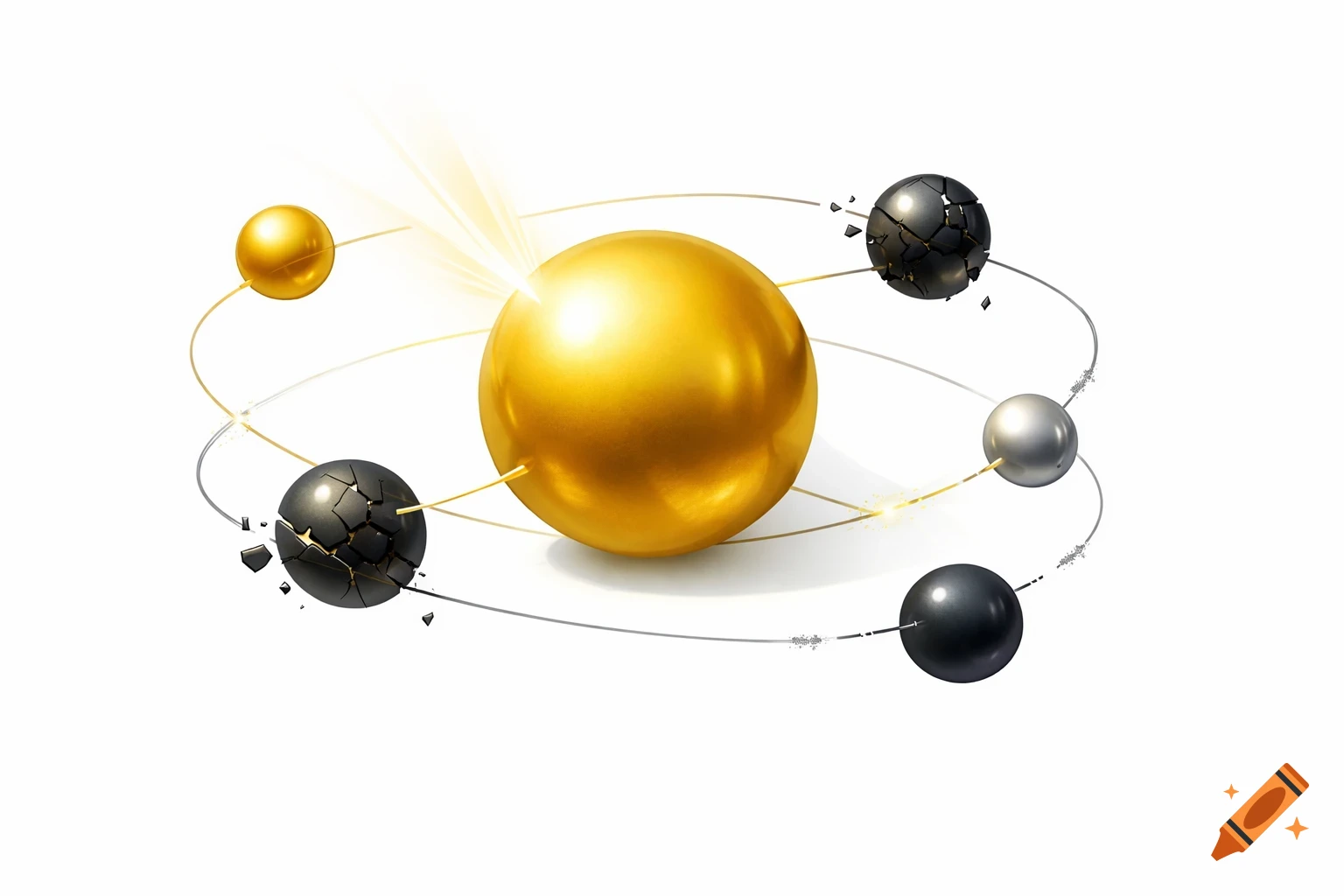 A large golden sphere at the center with light rays, surrounded by smaller spheres of gold, silver, and cracked dark metal, connected by orbits on a white background.