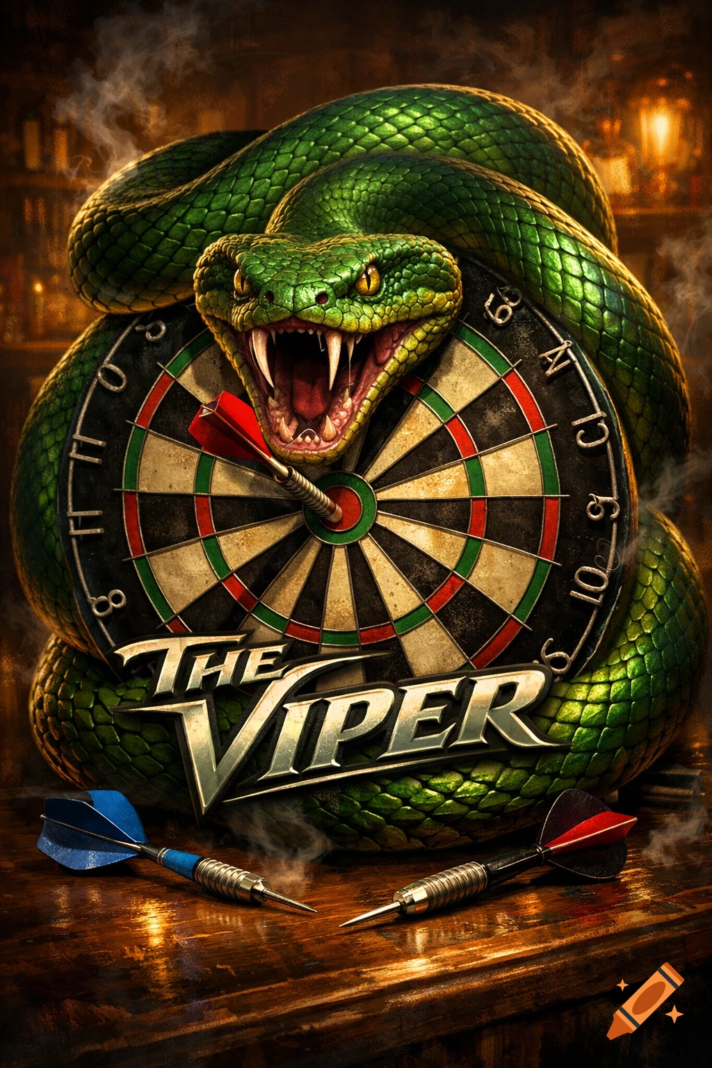 A vibrant green viper coiled around a dartboard, with a red dart in the bullseye and other darts on a wooden table below. Text reads 'The VIPER'.