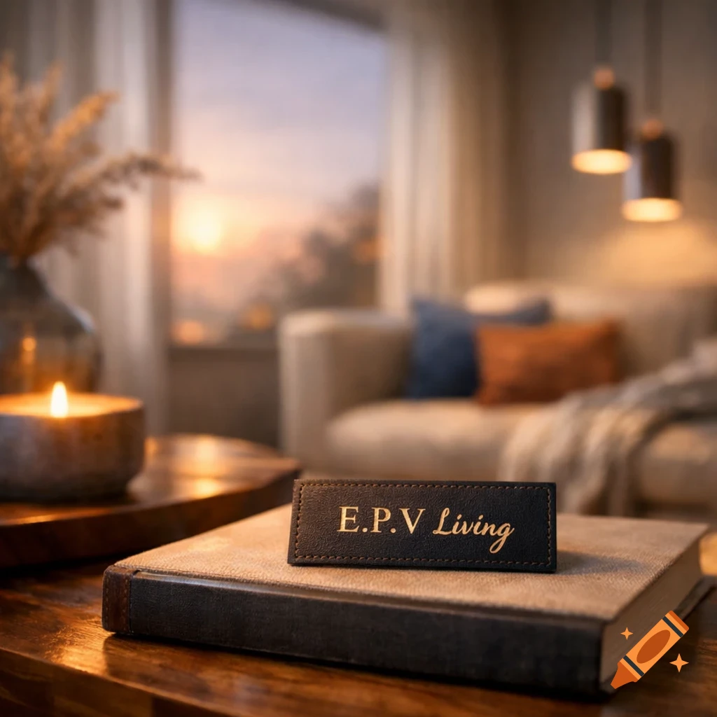 Close-up of a book with an 'E.P.V Living' sign, a lit candle, and a blurred cozy living room at sunset.