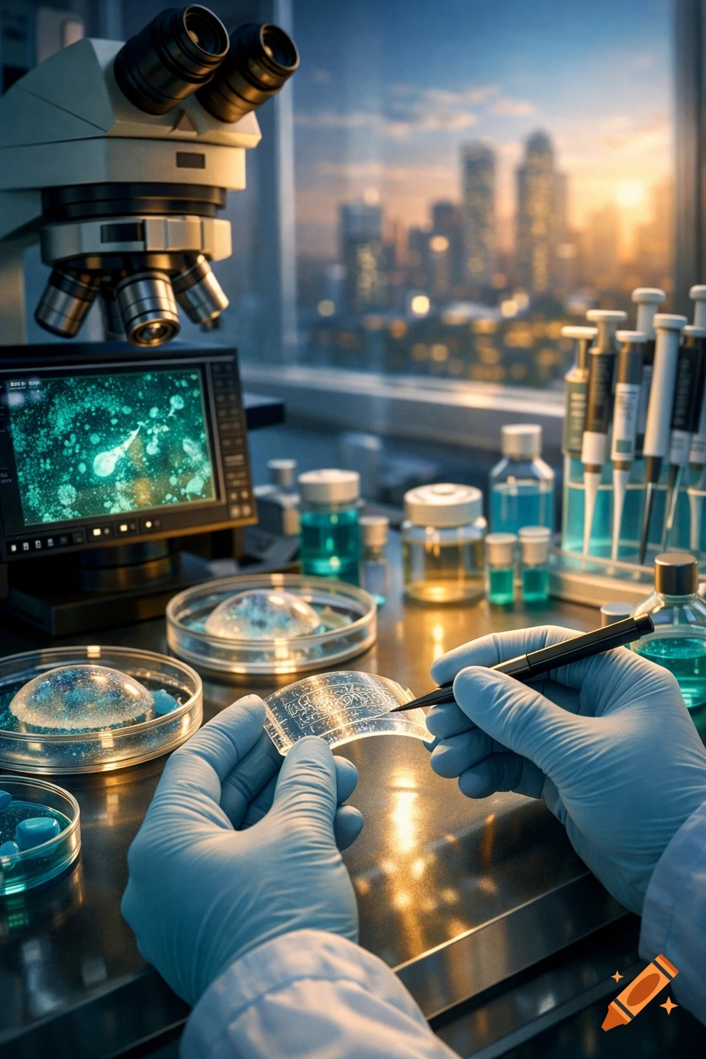 A person in lab gloves uses tweezers to examine a translucent material in a bright, modern laboratory with a microscope and city skyline view.