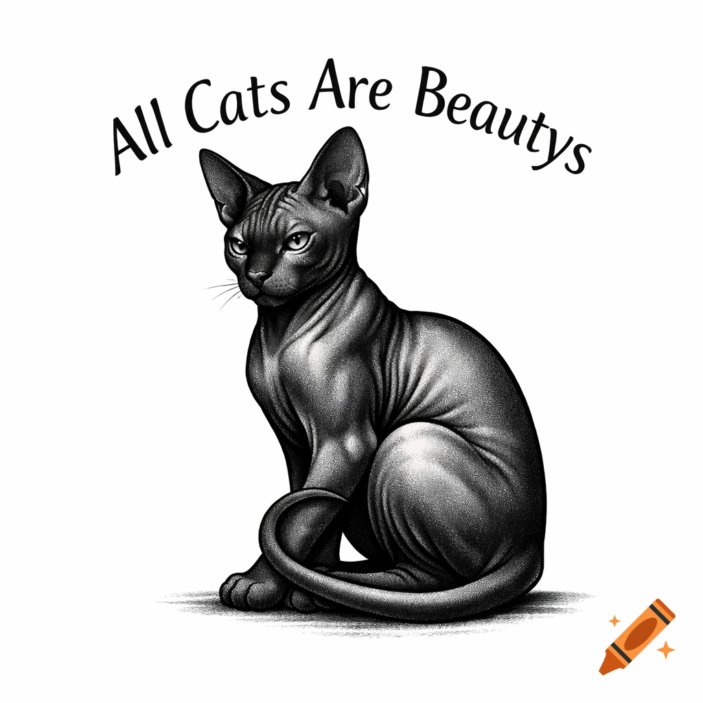 A black and white illustration of a Sphynx cat sitting, with the text "All Cats Are Beautys" arched above it.