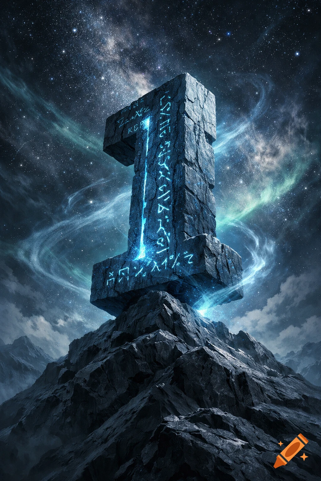 A massive stone block shaped like the number '1' with glowing blue runes stands on a dark, craggy mountain under a vibrant starry sky with swirling nebulae.