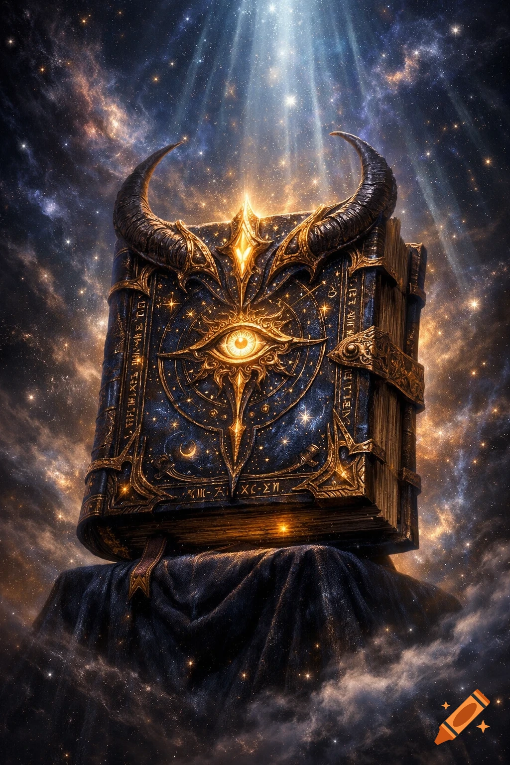 An ornate, dark book with golden horns, a glowing eye, and intricate symbols, set against a cosmic background with light rays.