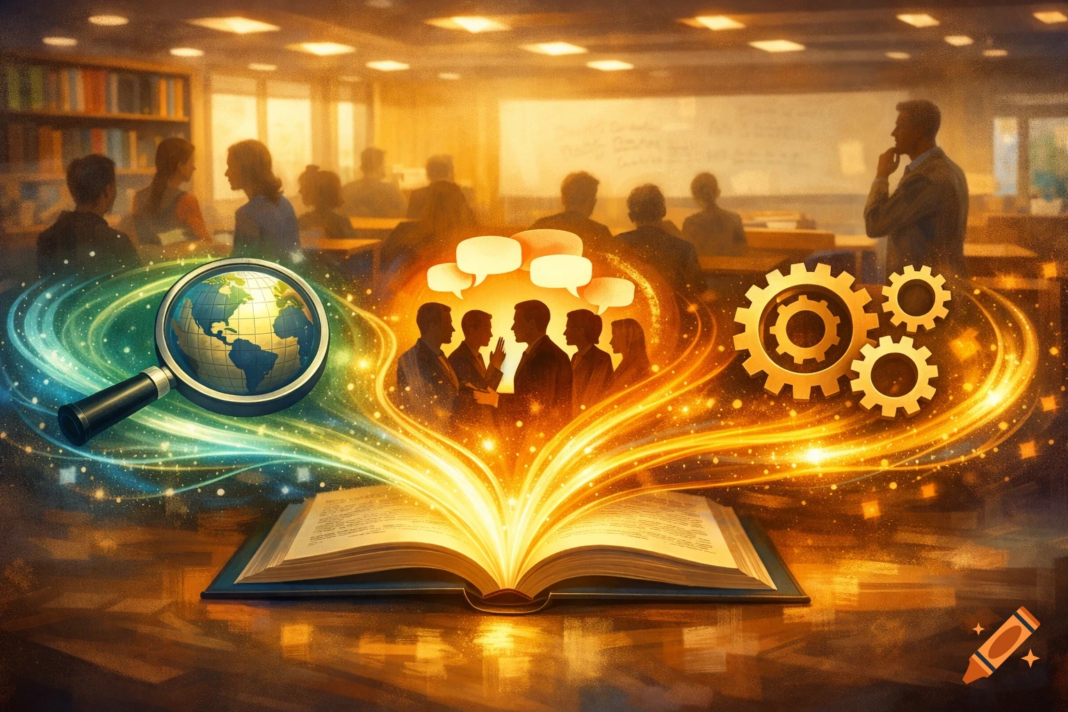 An open book radiating golden light, a magnifying glass over a globe, gears, and silhouetted students and a teacher in a classroom.