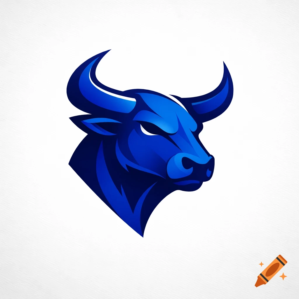 A stylized blue bull head logo with glowing highlights on its horns and face, on a white background.