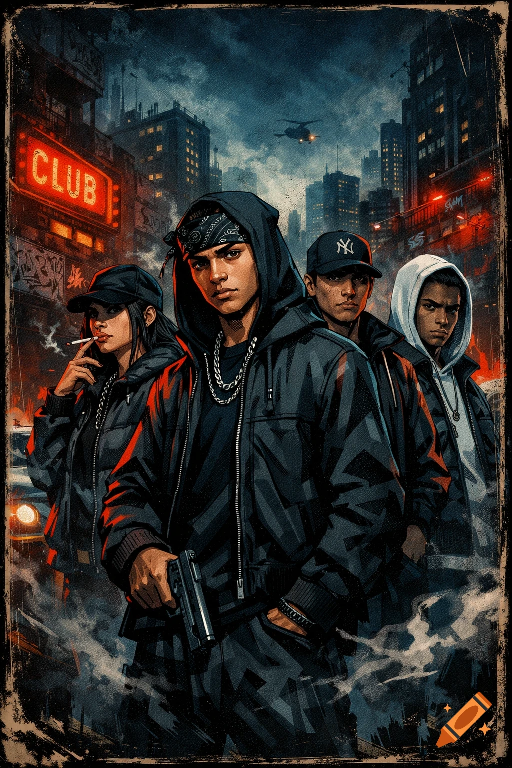 Stylized comic cover showing four young adults in dark streetwear, one holding a gun, in a gritty urban night scene with neon signs.