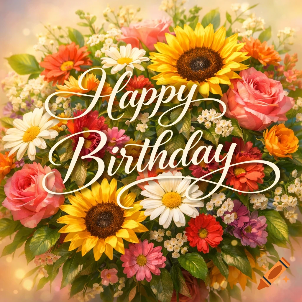 Vibrant bouquet of sunflowers, roses, and daisies with 'Happy Birthday' text.