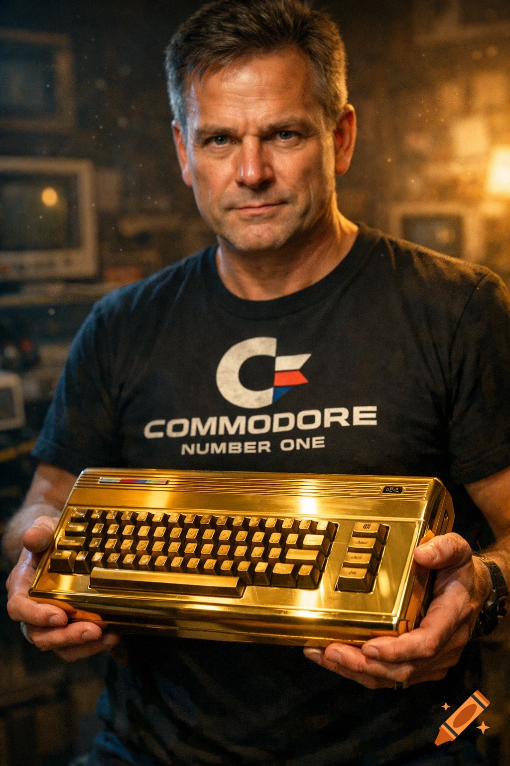 A man in a black Commodore shirt holds a golden Commodore 64 computer, looking directly at the camera in a warmly lit workshop.