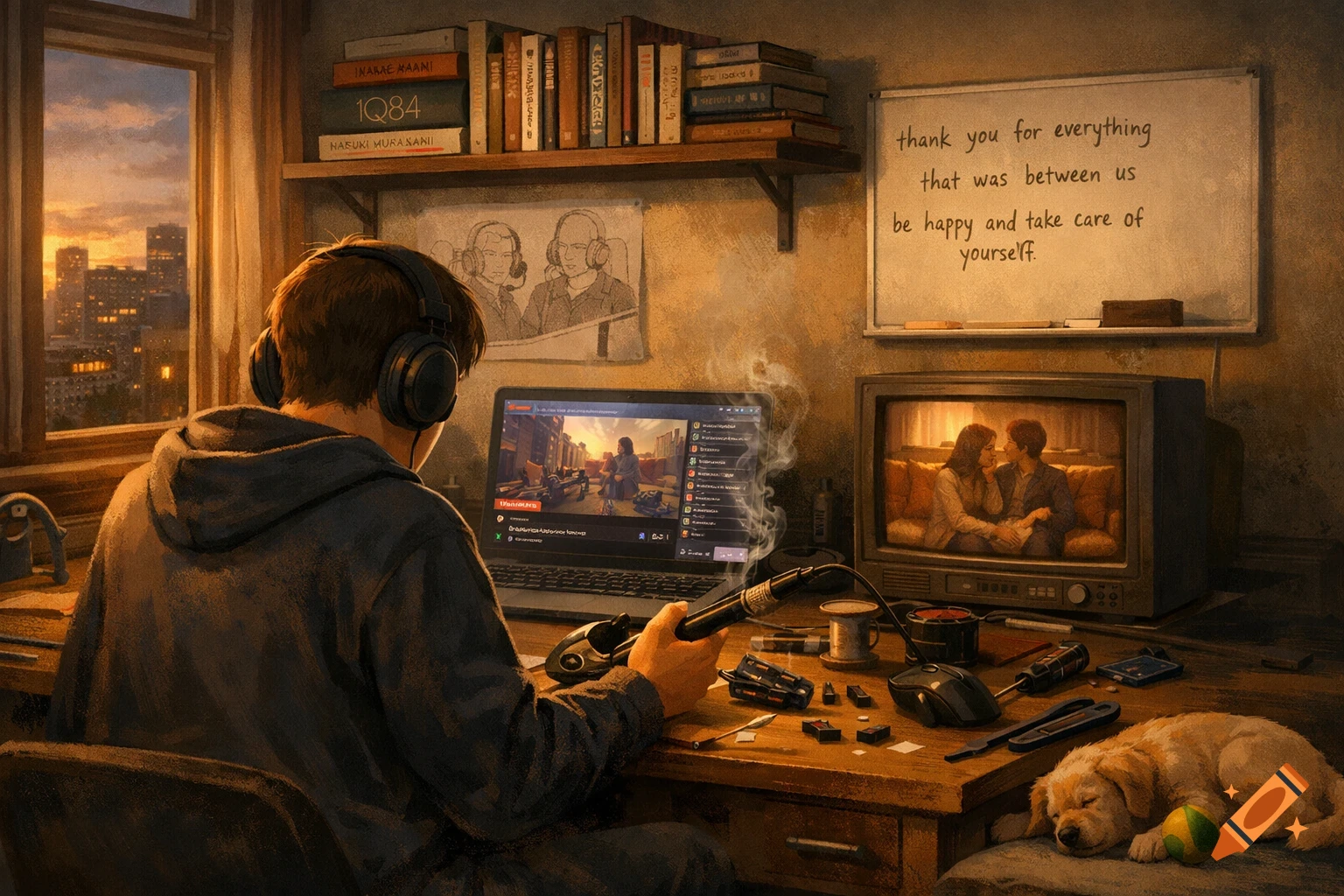 A young man wearing headphones sits at a desk, looking at a laptop with a game on screen. A puppy sleeps next to him. Warm, nostalgic art style.