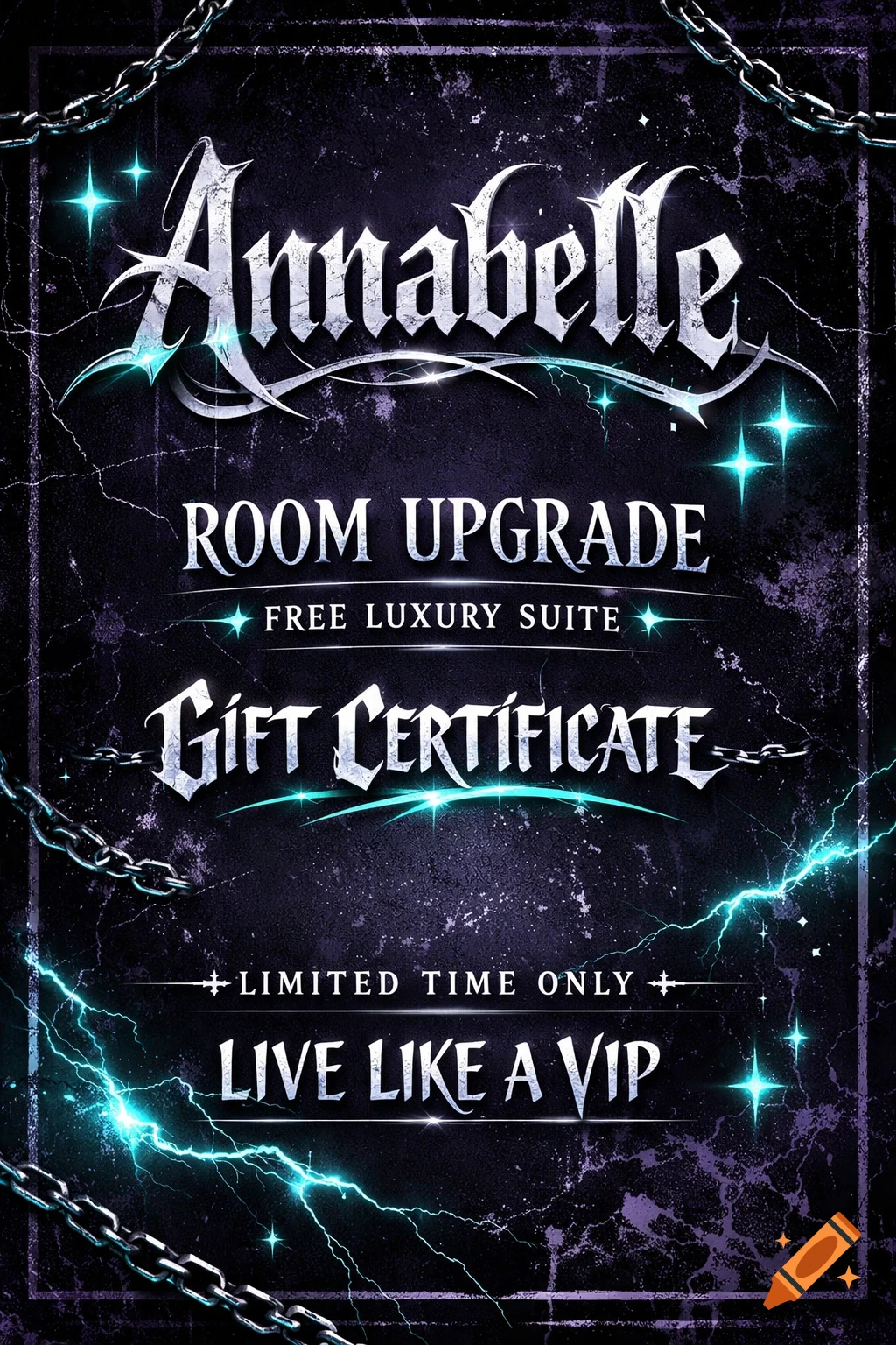 A dark gothic promotional poster for 'Annabelle' offering a room upgrade and gift certificate, featuring silver text, chains, and blue lightning.