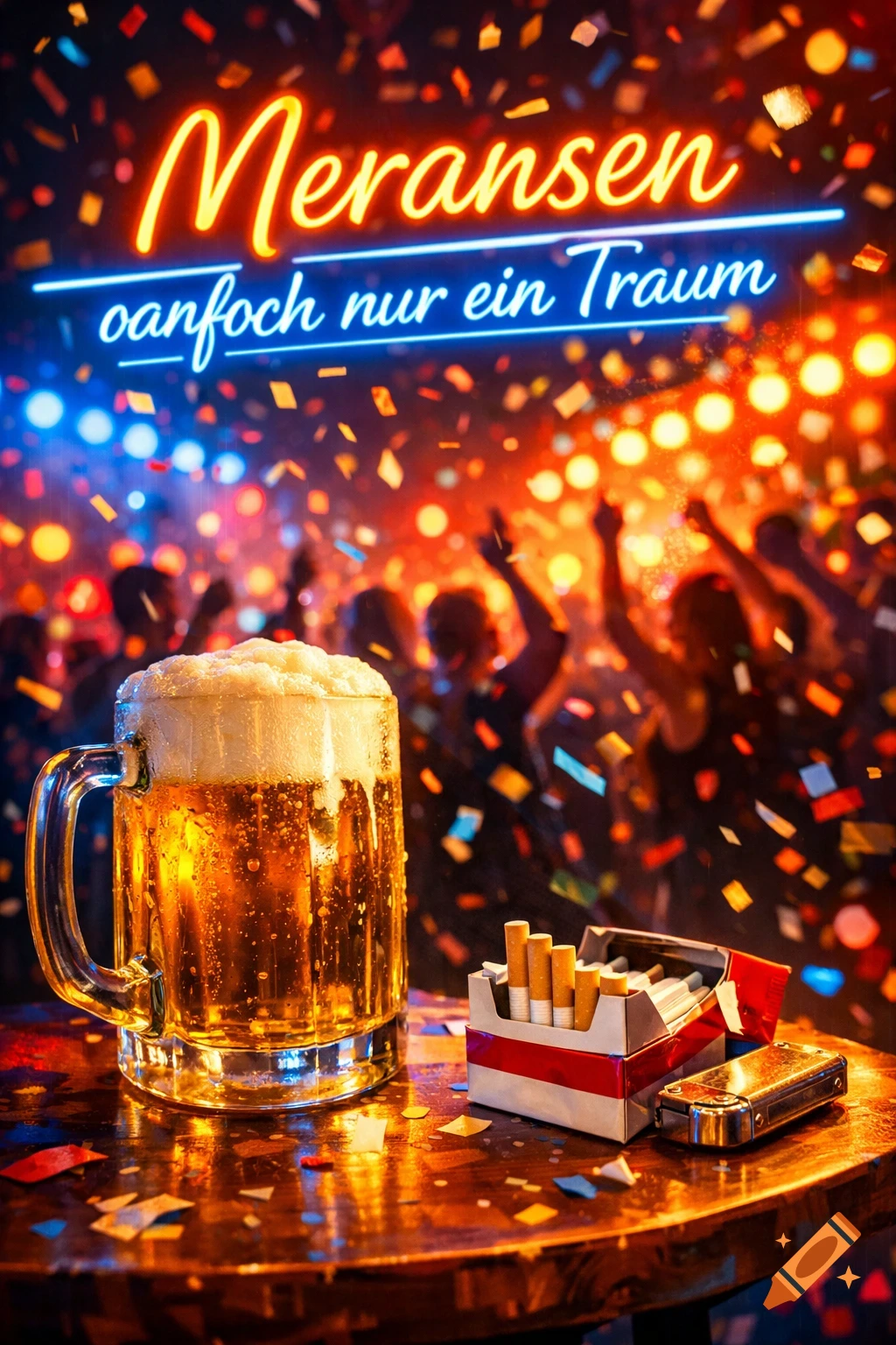 A beer mug and cigarettes on a table at a vibrant, neon-lit party, with "Meransen oanfoch nur ein Traum" text.