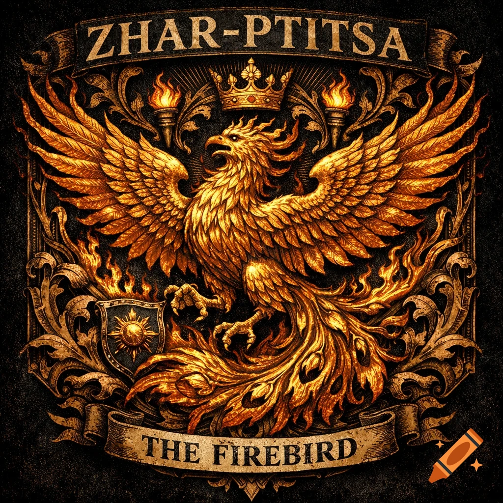A detailed golden heraldic emblem featuring a phoenix-like firebird with outstretched wings, surrounded by flames and dark ornate scrollwork. Text reads "ZHAR-PTITSA" and "THE FIREBIRD".