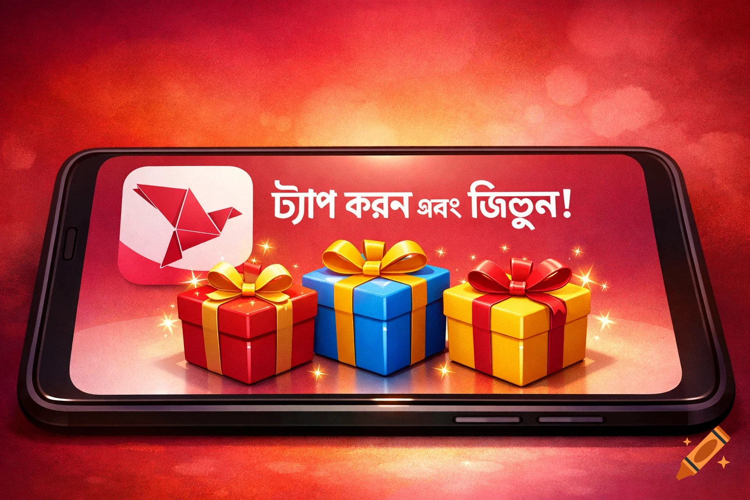 Smartphone screen with a red origami bird app icon, three gift boxes, and 'Tap and win!' text, on a red gradient background.
