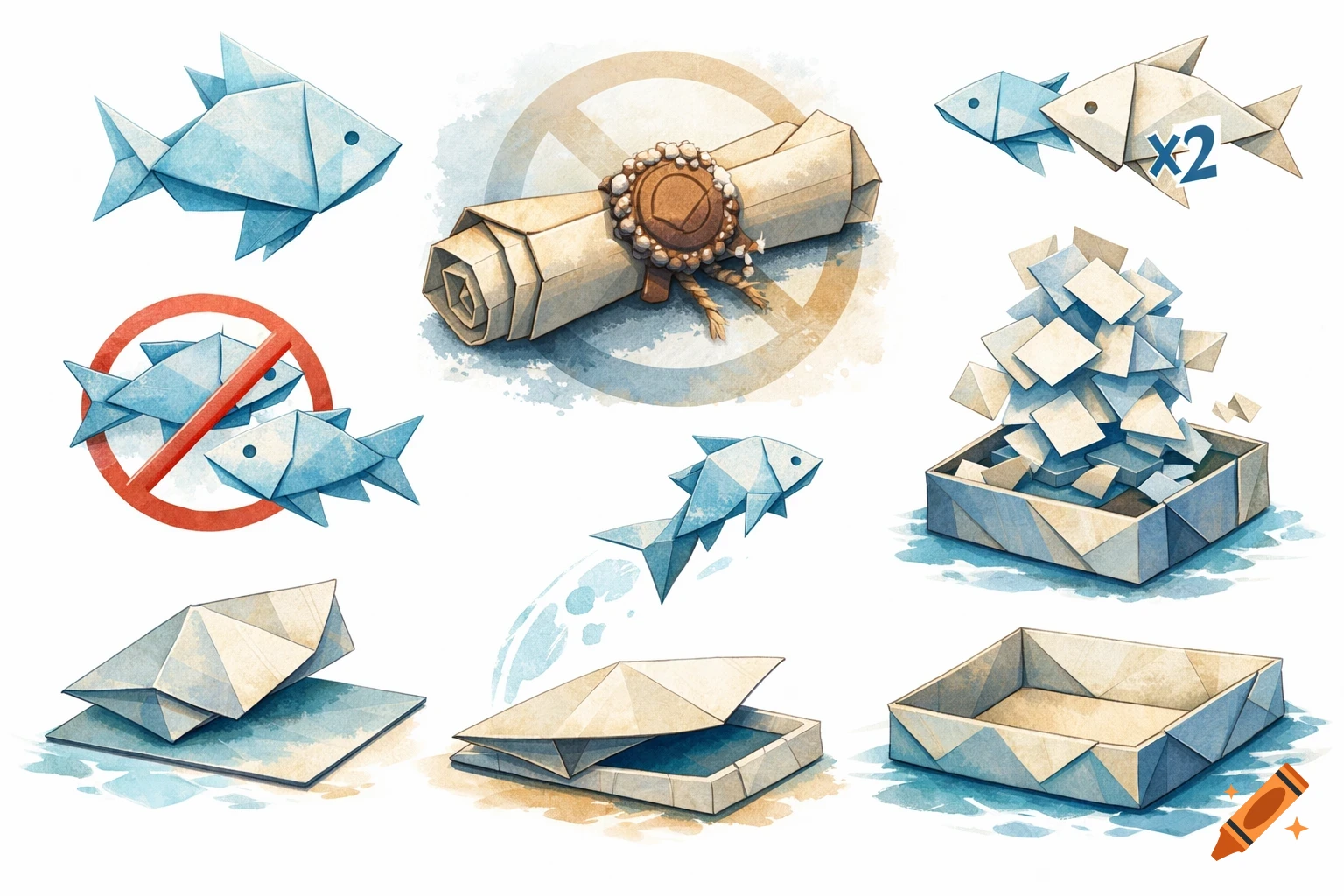 Watercolor-style origami game icons including fish, a scroll with a seal, a no-entry sign, paper piles, and boxes.