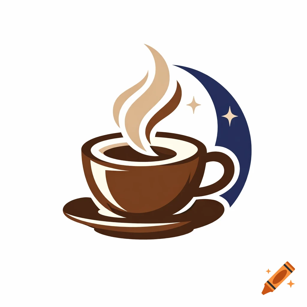 A stylized logo featuring a steaming brown coffee cup on a saucer, with a dark blue crescent moon and two stars behind it, on a white background.