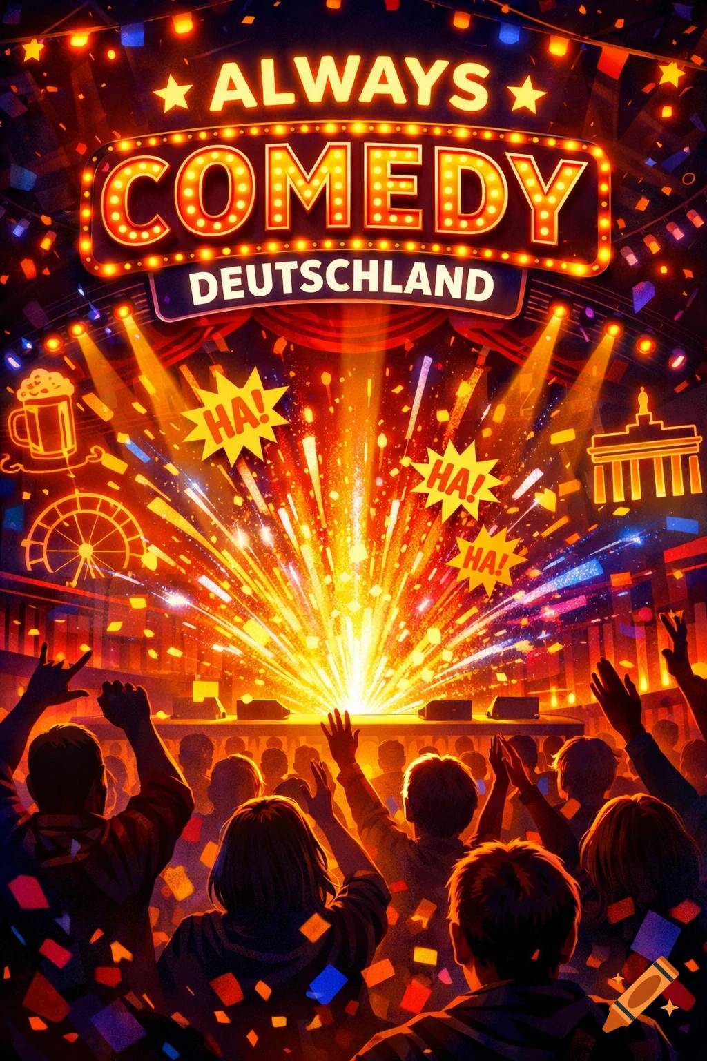 Vibrant comedy event poster with a cheering crowd, stage lights, fireworks, confetti, and text 'ALWAYS COMEDY DEUTSCHLAND'.