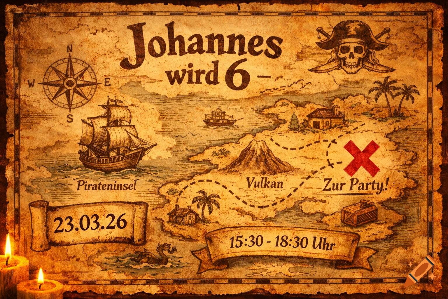 Vintage pirate treasure map birthday invitation for 'Johannes is 6', showing a compass, ship, islands, volcano, and party details.