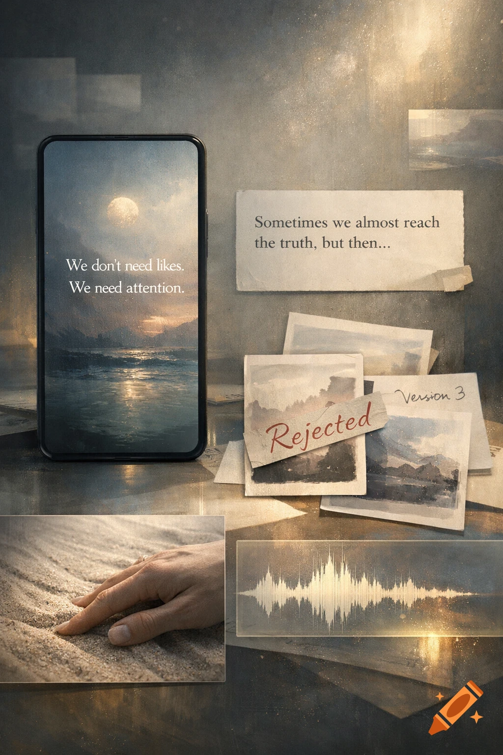 A conceptual digital collage featuring a smartphone displaying a moonlit ocean with text, notes, rejected photo prints, a hand touching sand, and an audio waveform on a textured background.