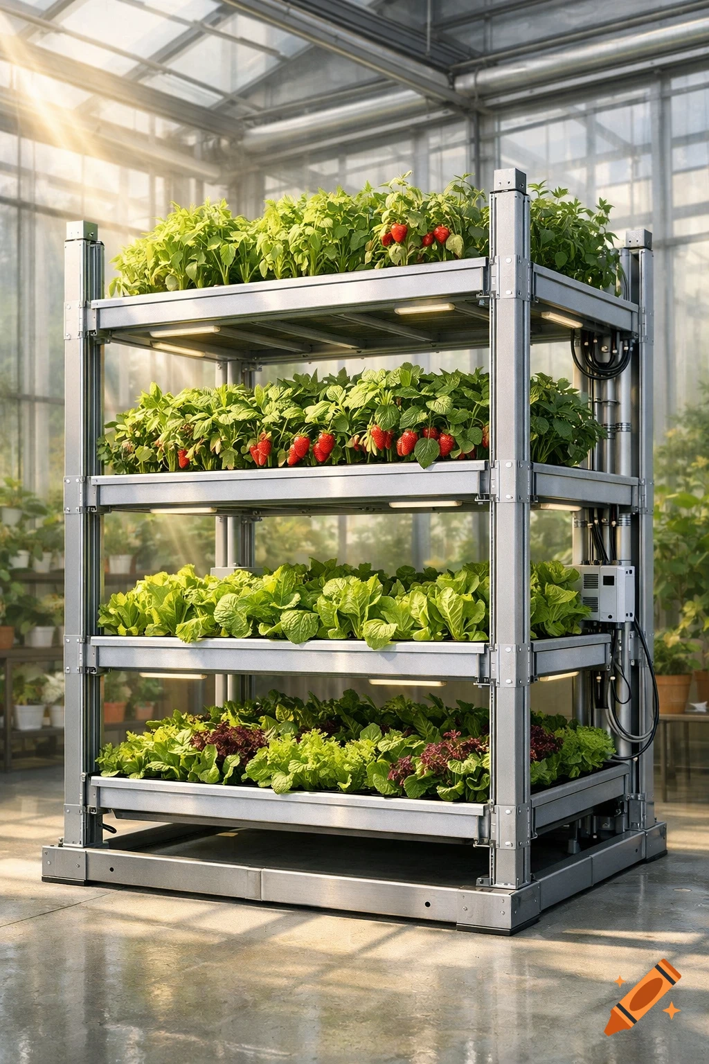 Four-tiered vertical farming unit with lush plants and ripe strawberries under grow lights in a modern greenhouse.