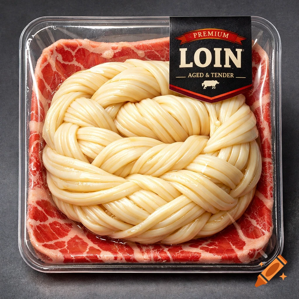 Braided chechil cheese in a plastic tray atop raw meat, with a 'PREMIUM LOIN' label.