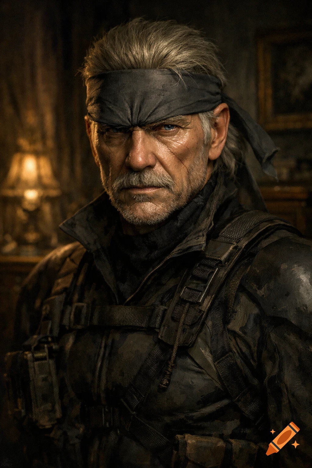 Photorealistic portrait of an old man with a grey mustache and hair, wearing a bandana and tactical military gear, in a moody, dimly lit room.