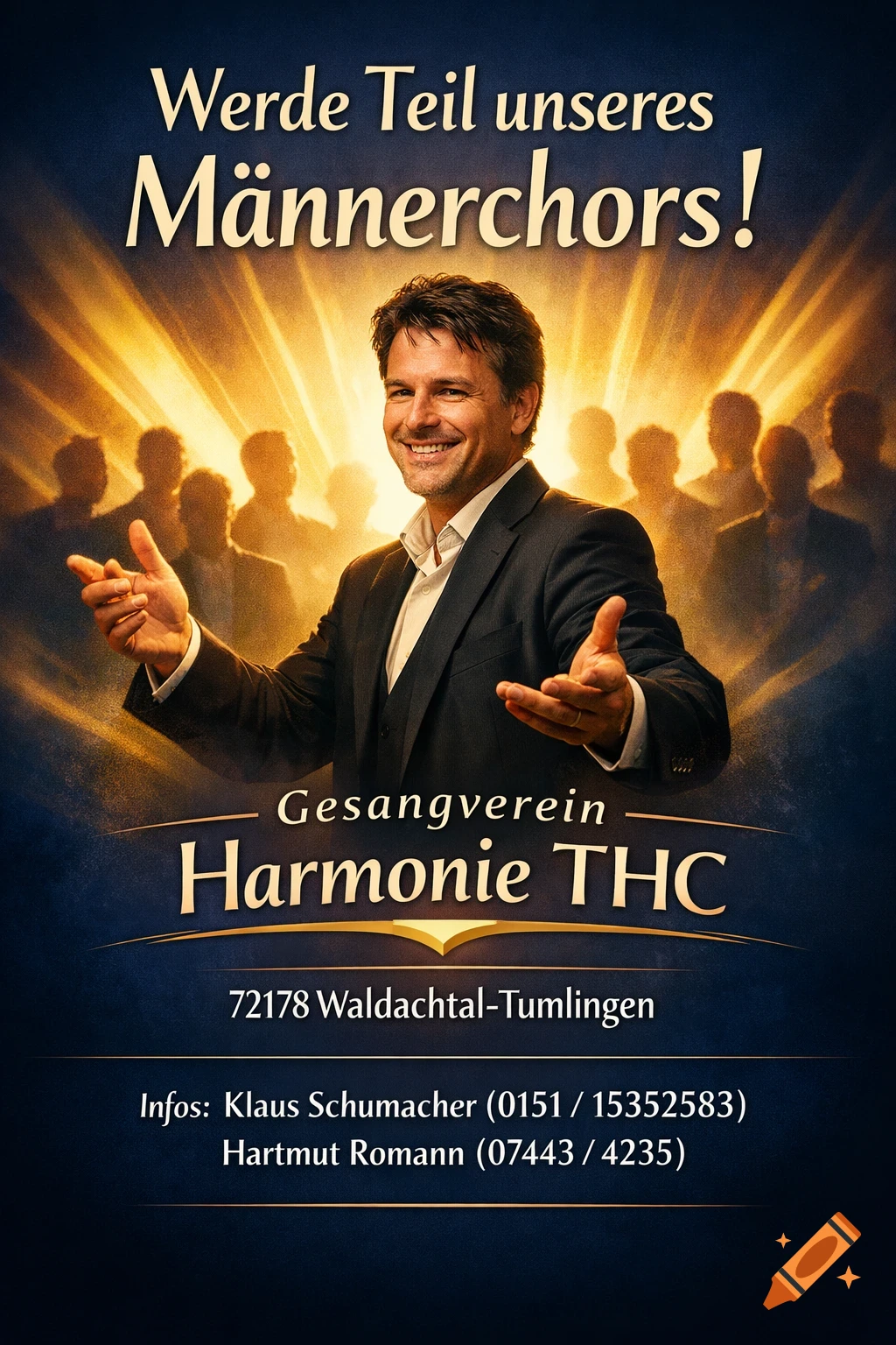 A poster features a smiling man in a suit, arms open, with silhouetted figures and golden light behind him. Text promotes a men's choir.