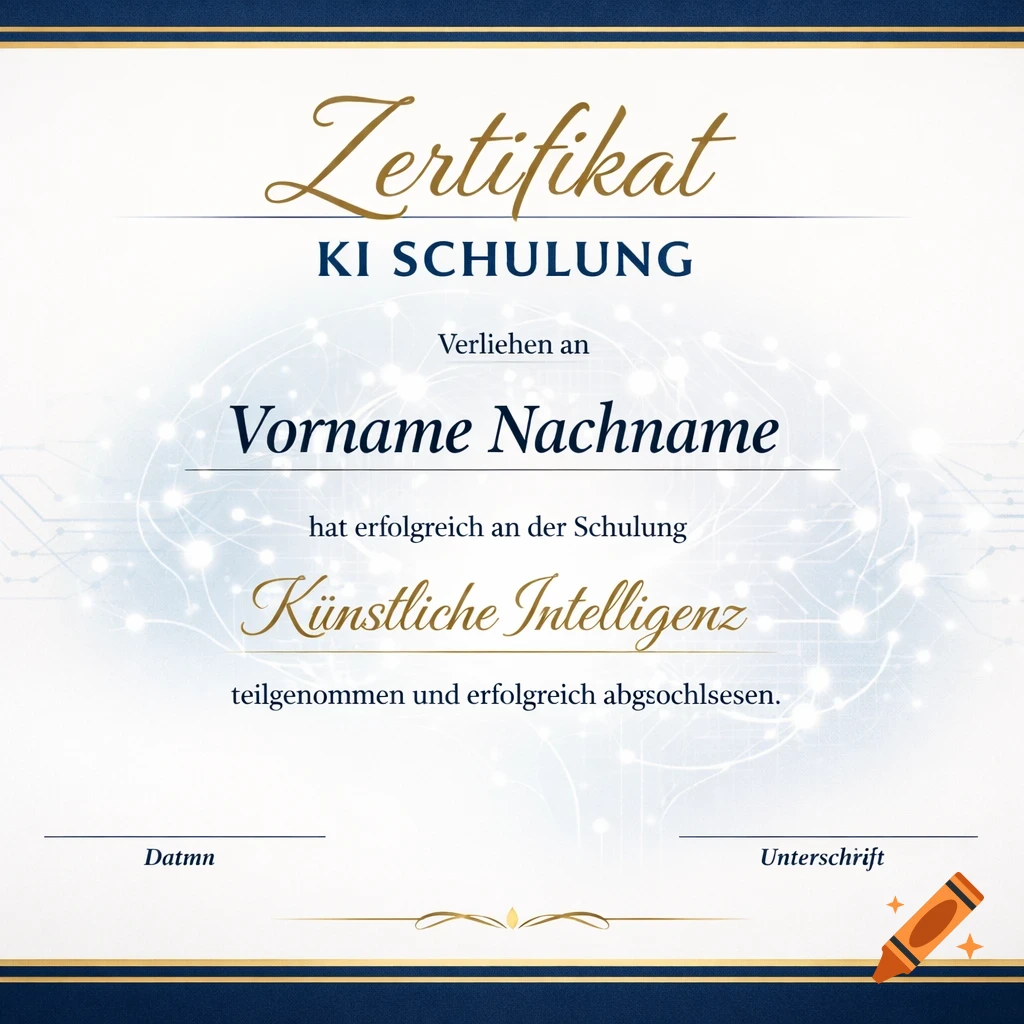 A formal certificate for AI training with gold and blue borders, featuring a circuit board pattern in the background. Text includes 'Zertifikat KI SCHULUNG' and 'Künstliche Intelligenz'.